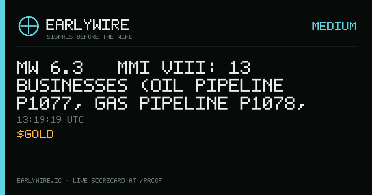 Mw 6.3 → MMI VIII: 13 businesses (oil pipeline P1077, gas pipeline P1078, gas pipeline P1176 +10 more) — EARLYWIRE event card