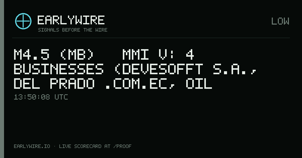 M4.5 (mb) → MMI V: 4 businesses (DEVESOFFT S.A., DEL PRADO .com.ec, oil pipeline P1231 +1 more) — EARLYWIRE event card