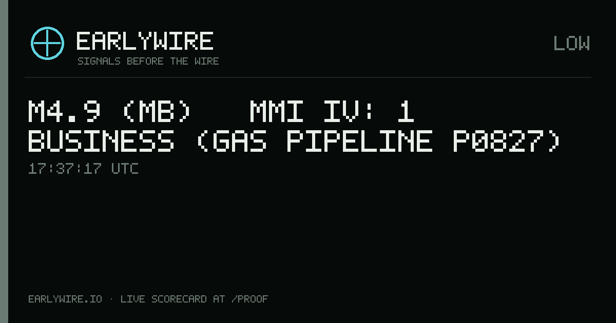 M4.9 (mb) → MMI IV: 1 business (gas pipeline P0827) — EARLYWIRE event card