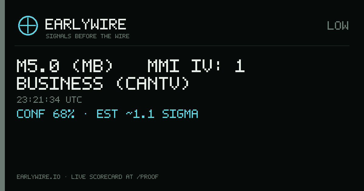 M5.0 (mb) → MMI IV: 1 business (CANTV) — EARLYWIRE event card