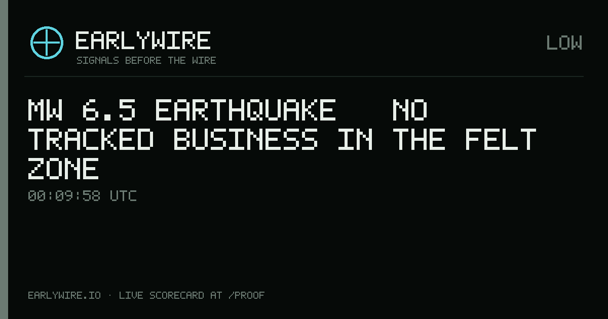 Mw 6.5 earthquake — no tracked business in the felt zone — EARLYWIRE event card