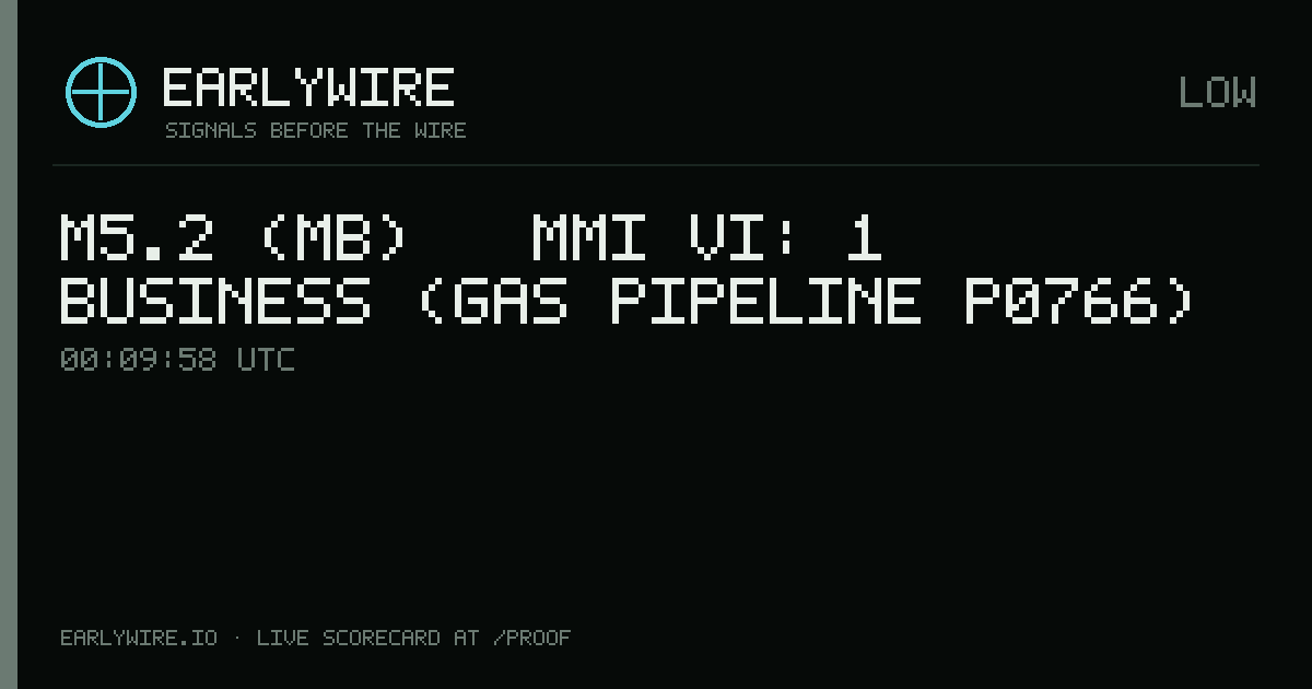 M5.2 (mb) → MMI VI: 1 business (gas pipeline P0766) — EARLYWIRE event card