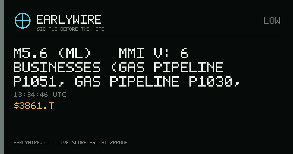 M5.6 (ml) → MMI V: 6 businesses (gas pipeline P1051, gas pipeline P1030, gas pipeline P1023 +3 more) — EARLYWIRE event card