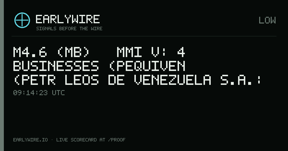 M4.6 (mb) → MMI V: 4 businesses (Pequiven (Petr�leos de Venezuela S.A.: 100%), gas pipeline P3142, PT Silvestre-El Palito Oil Pipeline +1 more) — EARLYWIRE event card