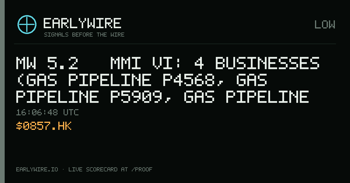 Mw 5.2 → MMI VI: 4 businesses (gas pipeline P4568, gas pipeline P5909, gas pipeline P5094 +1 more) — EARLYWIRE event card