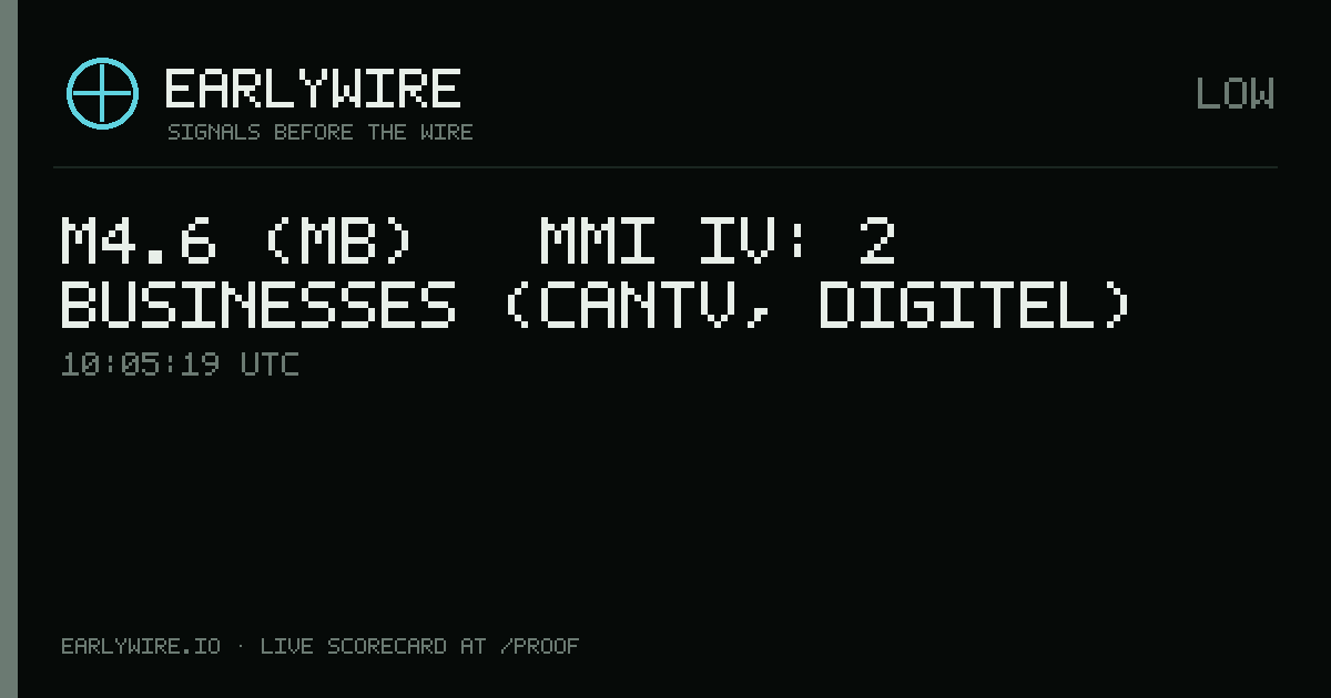 M4.6 (mb) → MMI IV: 2 businesses (CANTV, Digitel) — EARLYWIRE event card