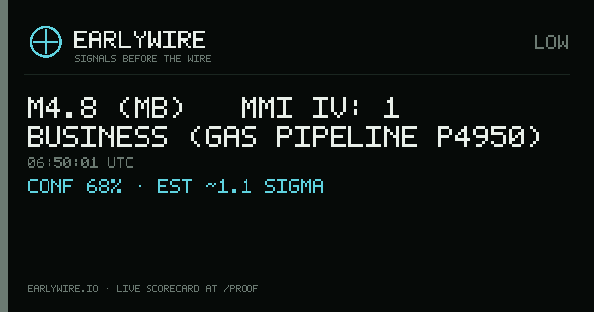 M4.8 (mb) → MMI IV: 1 business (gas pipeline P4950) — EARLYWIRE event card