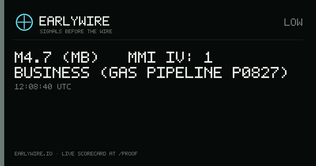 M4.7 (mb) → MMI IV: 1 business (gas pipeline P0827) — EARLYWIRE event card