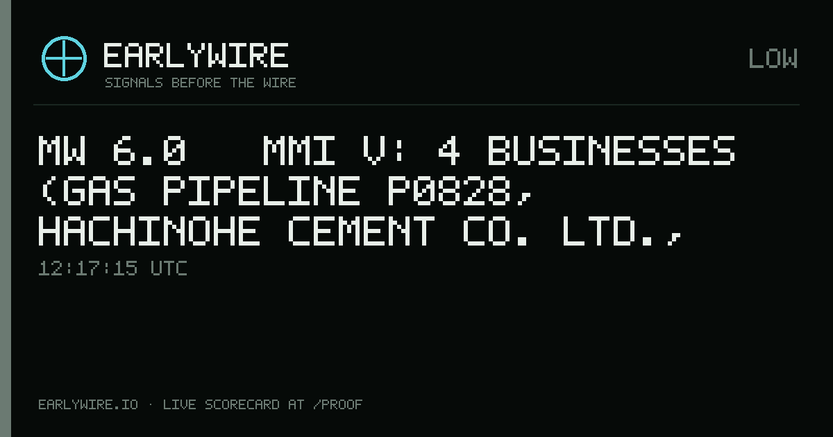 Mw 6.0 → MMI V: 4 businesses (gas pipeline P0828, Hachinohe Cement Co. Ltd., 八戸鉱山 +1 more) — EARLYWIRE event card