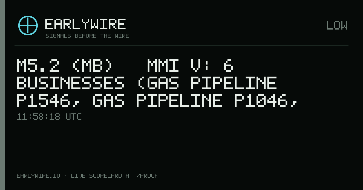 M5.2 (mb) → MMI V: 6 businesses (gas pipeline P1546, gas pipeline P1046, Hokuetsu Corp +3 more) — EARLYWIRE event card