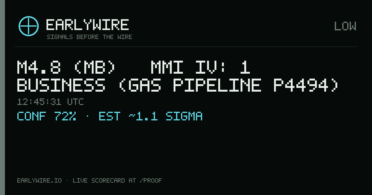 M4.8 (mb) → MMI IV: 1 business (gas pipeline P4494) — EARLYWIRE event card