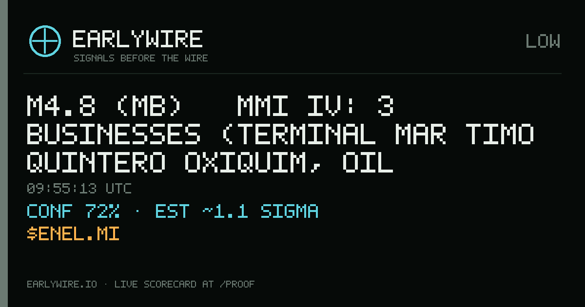 M4.8 (mb) → MMI IV: 3 businesses (Terminal Marítimo Quintero Oxiquim, oil pipeline P6259, Enel SpA) — EARLYWIRE event card