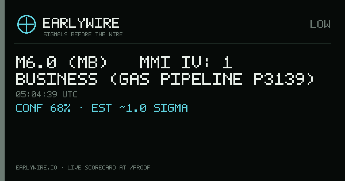 M6.0 (mb) → MMI IV: 1 business (gas pipeline P3139) — EARLYWIRE event card