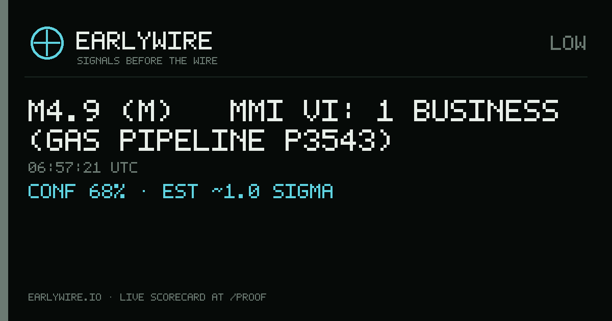 M4.9 (m) → MMI VI: 1 business (gas pipeline P3543) — EARLYWIRE event card