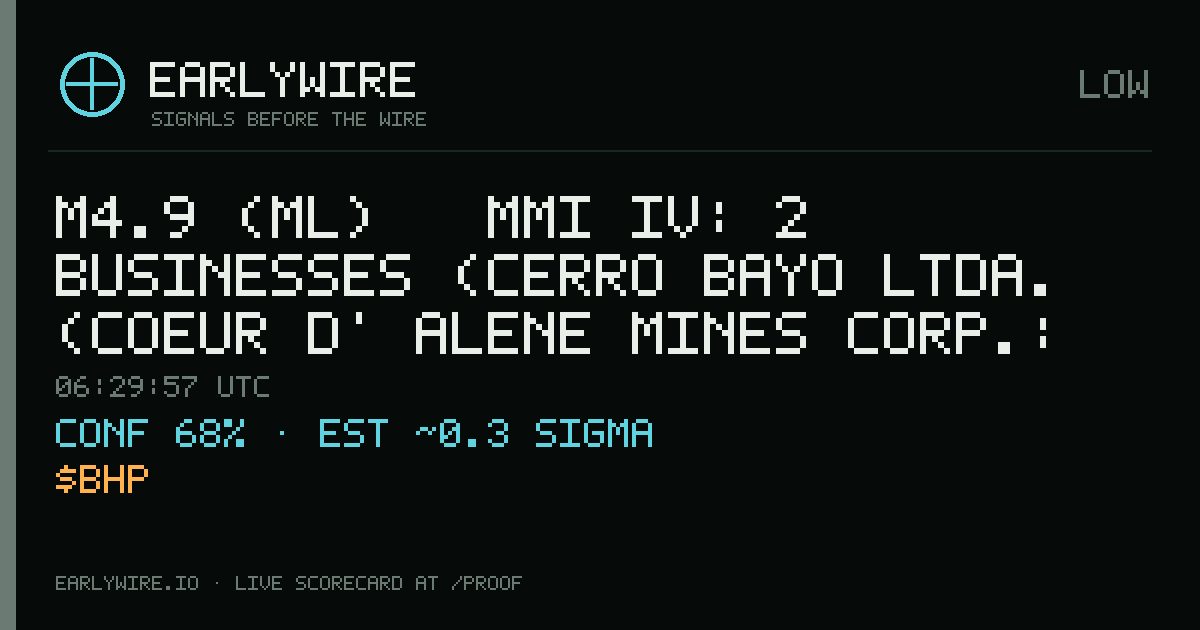 M4.9 (ml) → MMI IV: 2 businesses (Cerro Bayo Ltda. (Coeur d' Alene Mines Corp.: 100%), BHP) — EARLYWIRE event card