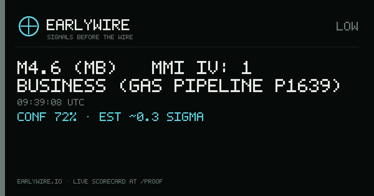 M4.6 (mb) → MMI IV: 1 business (gas pipeline P1639) — EARLYWIRE event card