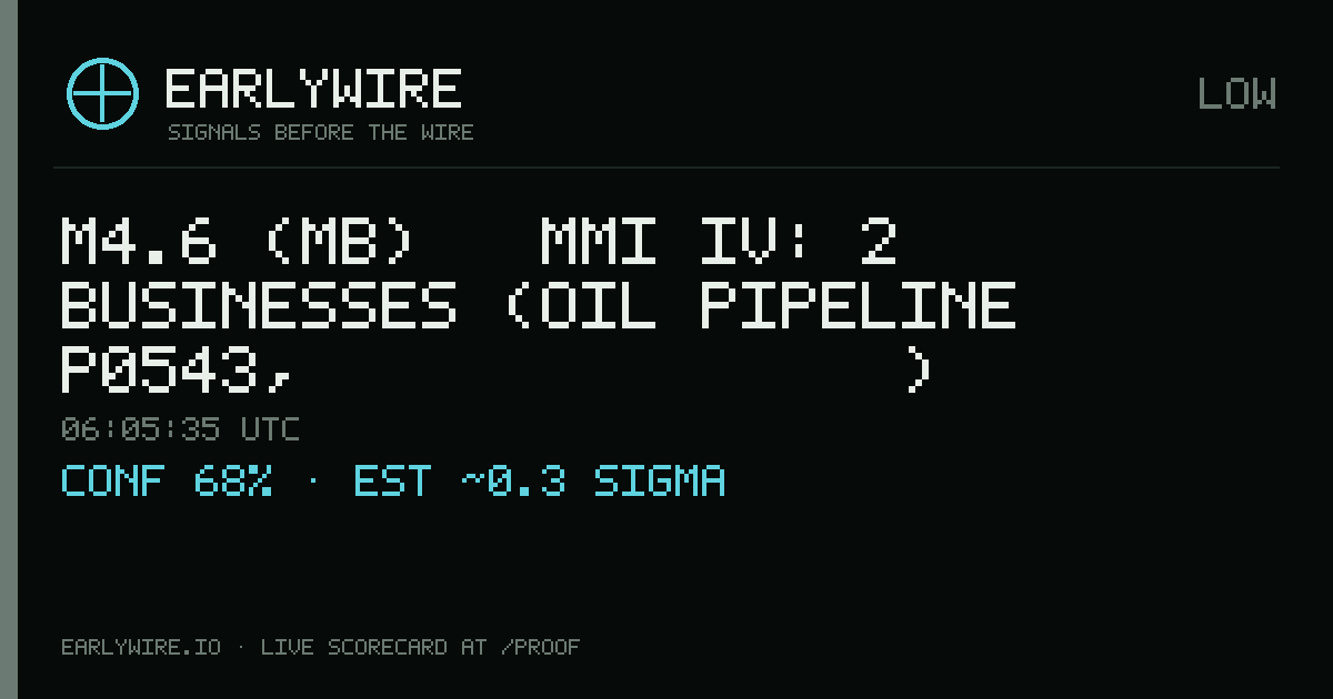 M4.6 (mb) → MMI IV: 2 businesses (oil pipeline P0543, کۆمپانیای نەوت) — EARLYWIRE event card