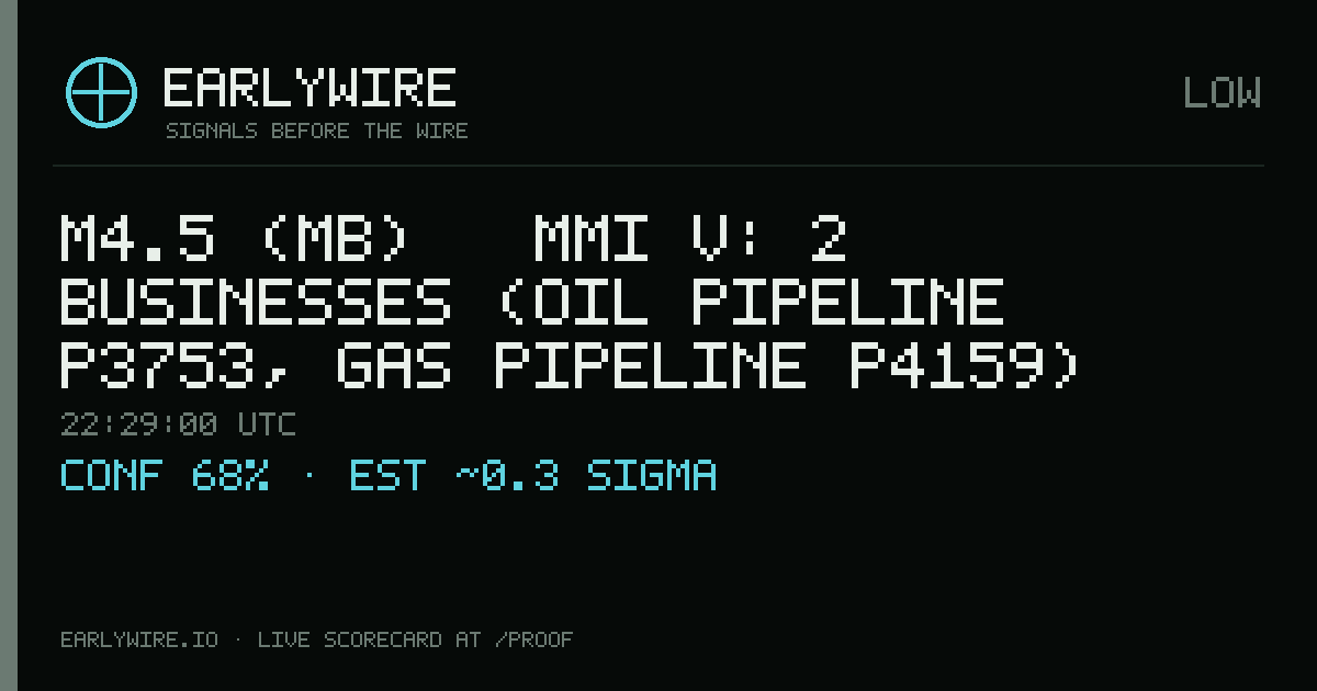 M4.5 (mb) → MMI V: 2 businesses (oil pipeline P3753, gas pipeline P4159) — EARLYWIRE event card