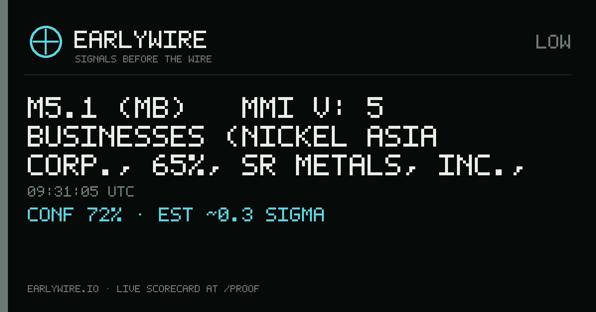 M5.1 (mb) → MMI V: 5 businesses (Nickel Asia Corp., 65%, SR Metals, Inc., CTP Construction and Mining Corp. +2 more) — EARLYWIRE event card