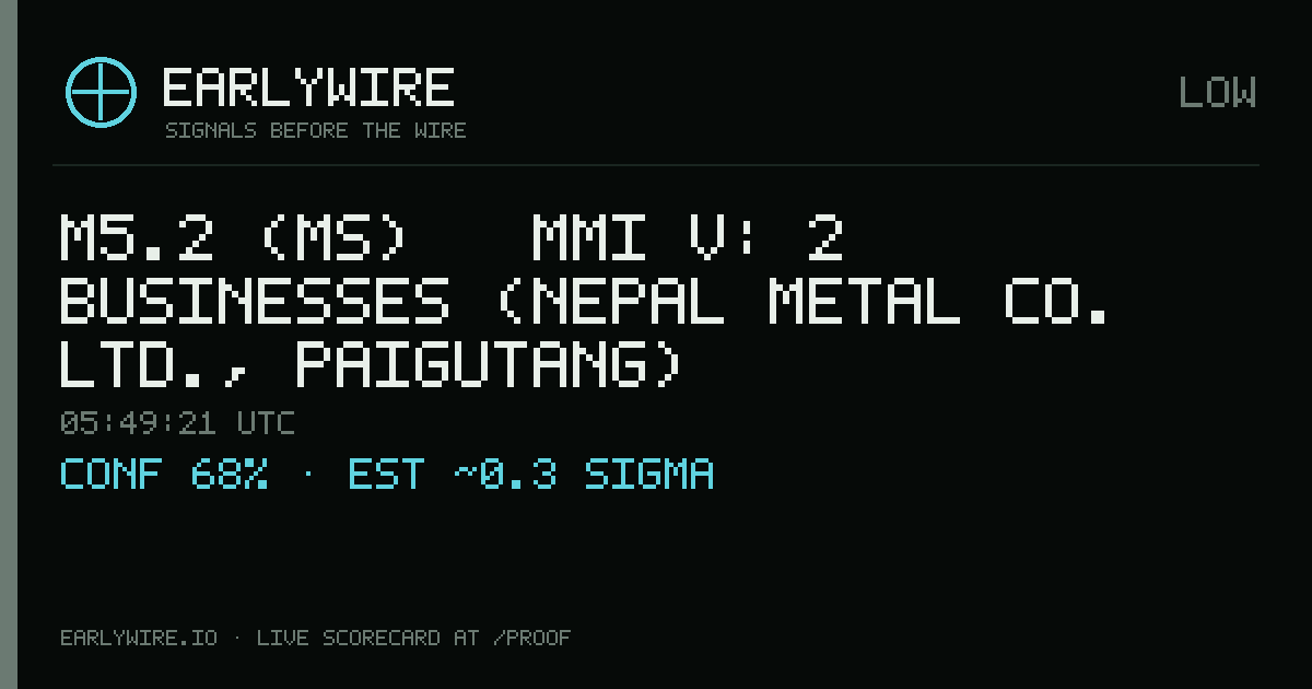 M5.2 (ms) → MMI V: 2 businesses (Nepal Metal Co. Ltd., Paigutang) — EARLYWIRE event card