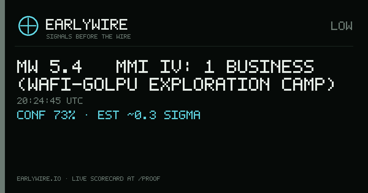 Mw 5.4 → MMI IV: 1 business (Wafi-Golpu Exploration Camp) — EARLYWIRE event card