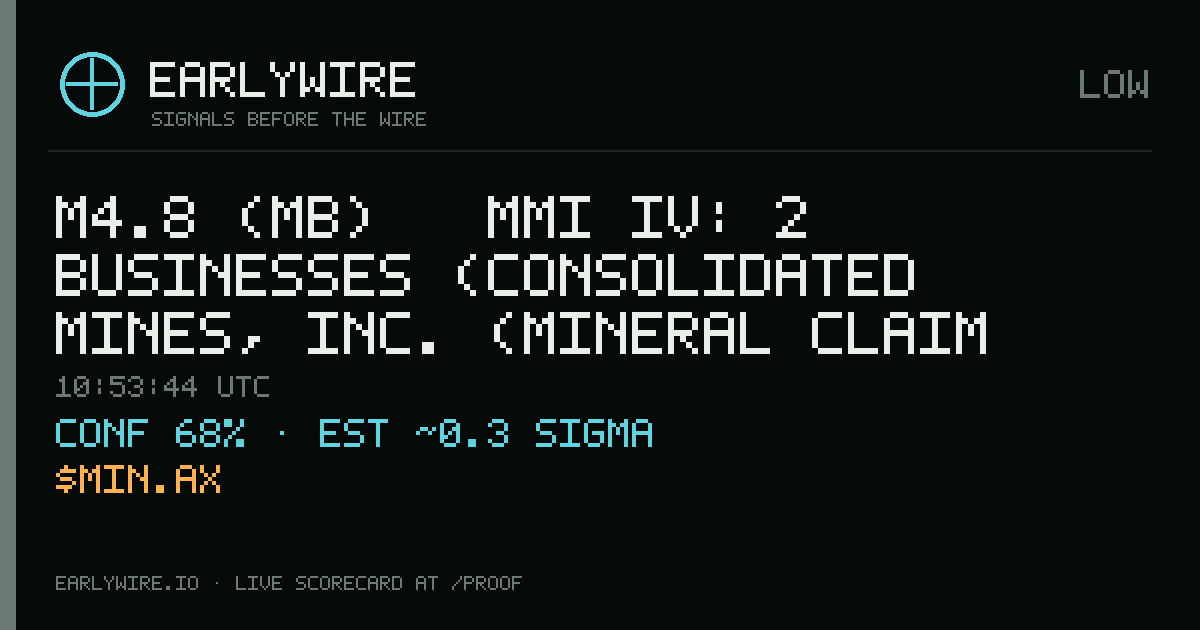 M4.8 (mb) → MMI IV: 2 businesses (Consolidated Mines, Inc. (mineral claim owner), Mineral Resources) — EARLYWIRE event card