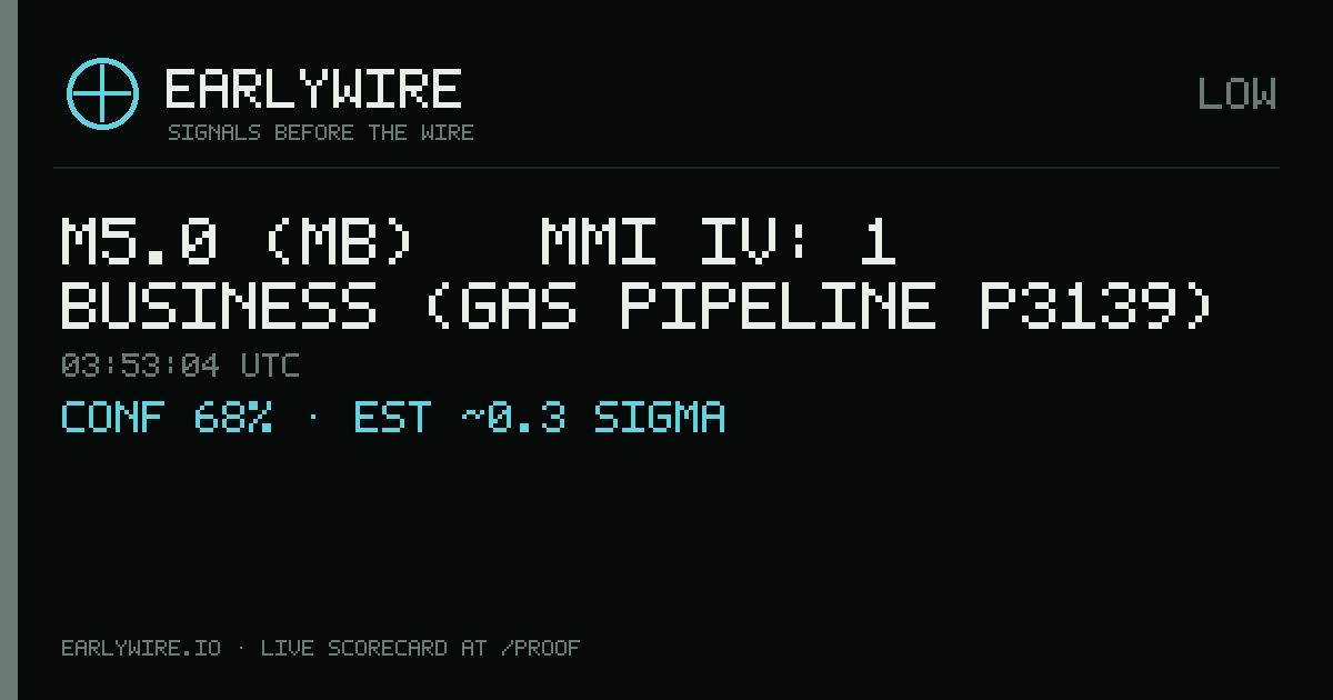 M5.0 (mb) → MMI IV: 1 business (gas pipeline P3139) — EARLYWIRE event card