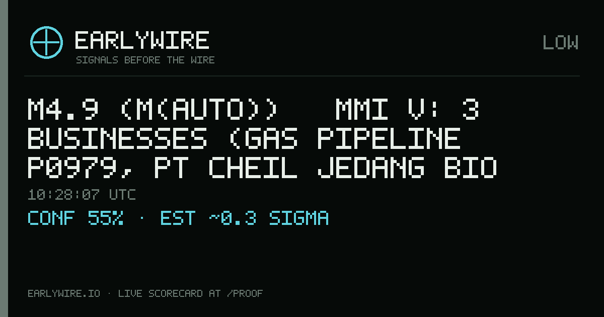 M4.9 (M(auto)) → MMI V: 3 businesses (gas pipeline P0979, PT Cheil Jedang Bio Indonesia, gas pipeline P0966) — EARLYWIRE event card