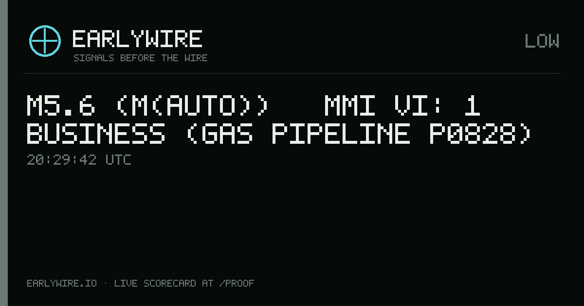 M5.6 (M(auto)) → MMI VI: 1 business (gas pipeline P0828) — EARLYWIRE event card