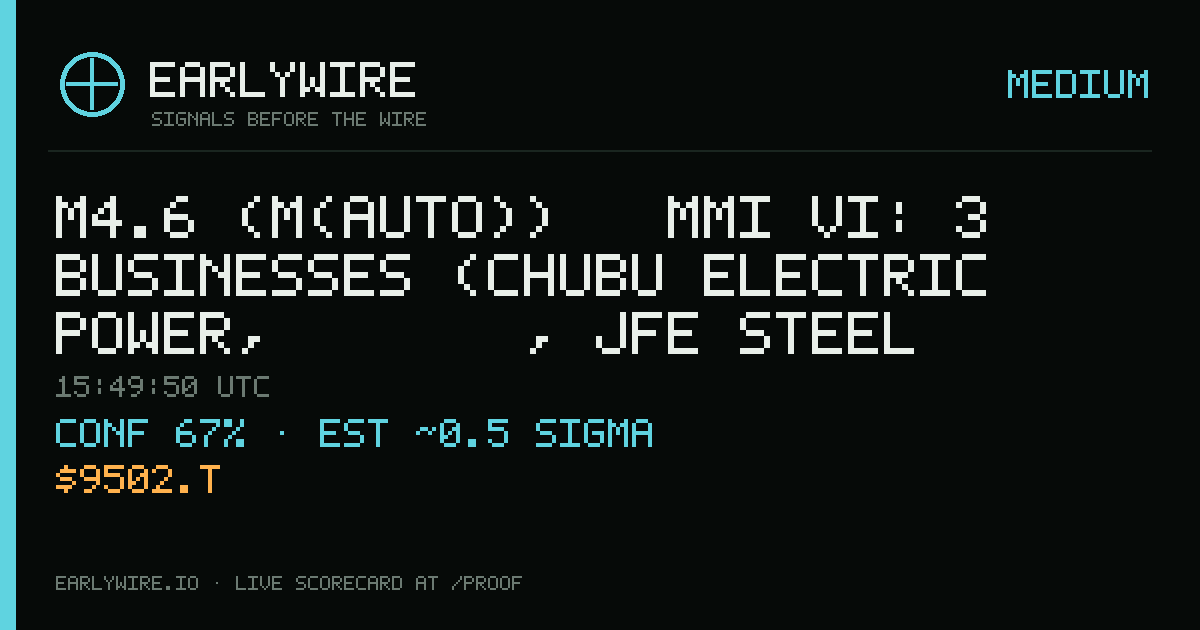 M4.6 (M(auto)) → MMI VI: 3 businesses (Chubu Electric Power, 日油株式会社, JFE Steel Corp. (wholly owned subsidiary of JFE Holdings Inc.)) — EARLYWIRE event card