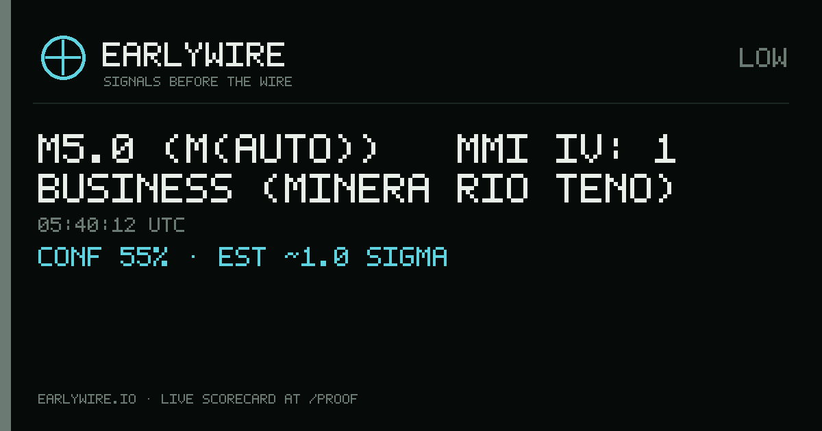 M5.0 (M(auto)) → MMI IV: 1 business (Minera Rio Teno) — EARLYWIRE event card