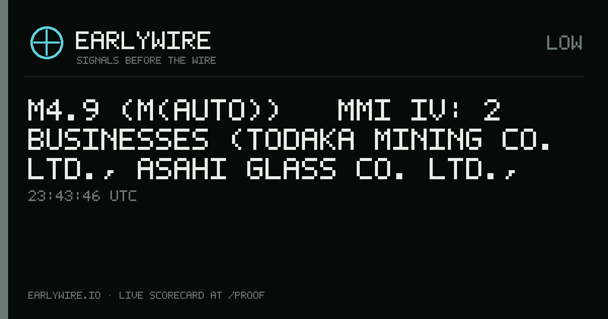 M4.9 (M(auto)) → MMI IV: 2 businesses (Todaka Mining Co. Ltd., Asahi Glass Co. Ltd., 52.4%) — EARLYWIRE event card