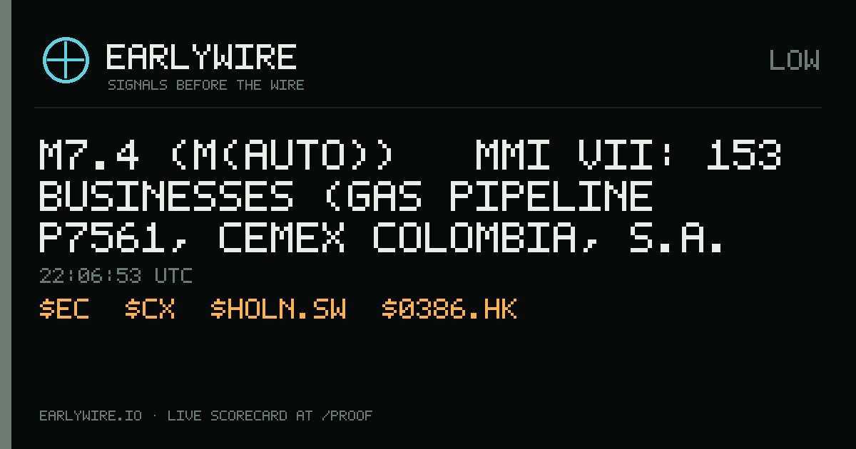 M7.4 (M(auto)) → MMI VII: 153 businesses (gas pipeline P7561, CEMEX Colombia, S.A. (CEMEX S.A. de C.V.: 98.2%), Ecopetrol +150 more) — EARLYWIRE event card
