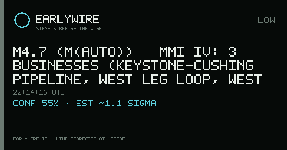 M4.7 (M(auto)) → MMI IV: 3 businesses (Keystone-Cushing Pipeline, West Leg Loop, West Leg Mainline) — EARLYWIRE event card
