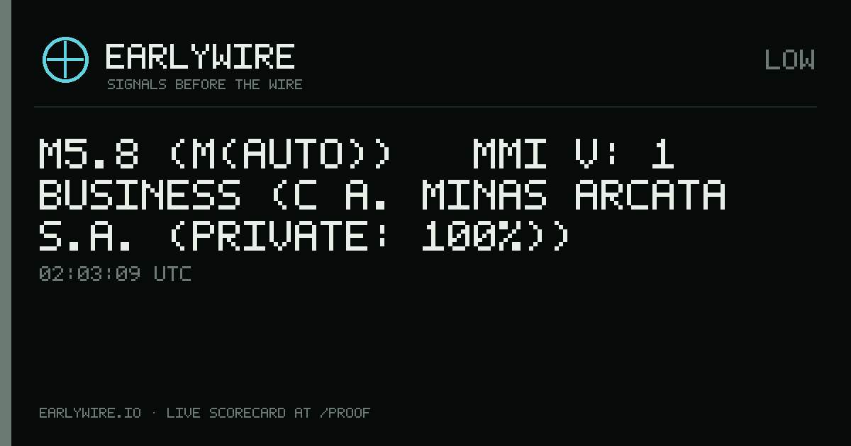 M5.8 (M(auto)) → MMI V: 1 business (C�a. Minas Arcata S.A. (private: 100%)) — EARLYWIRE event card