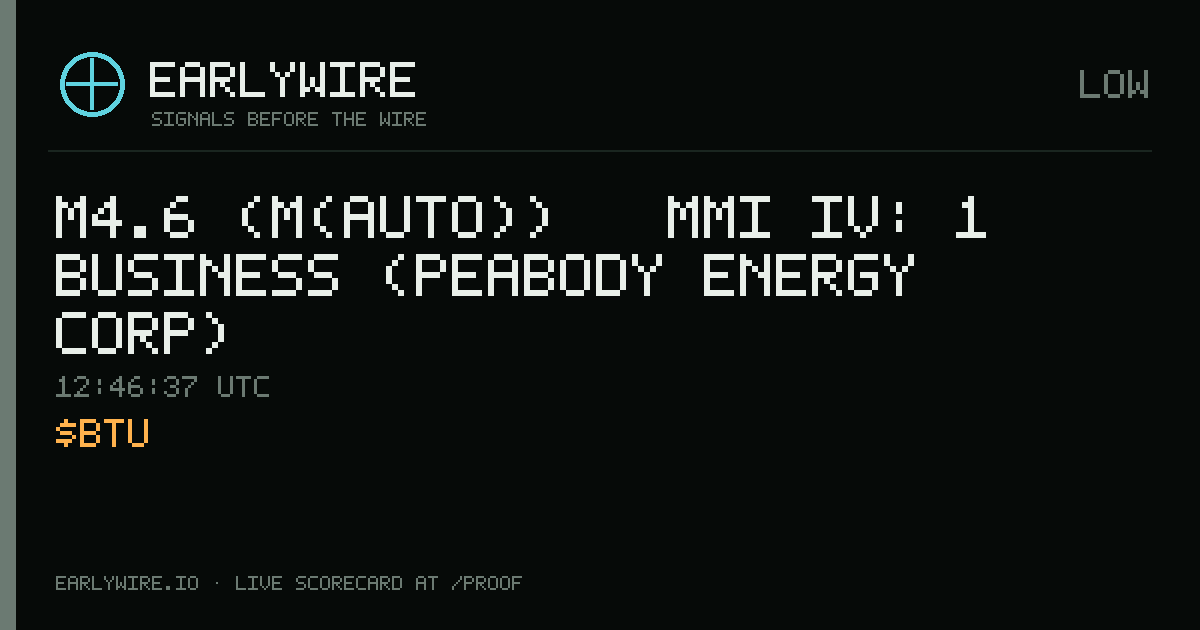 M4.6 (M(auto)) → MMI IV: 1 business (Peabody Energy Corp) — EARLYWIRE event card