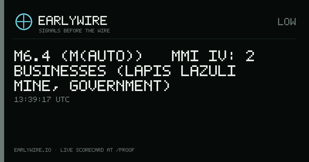 M6.4 (M(auto)) → MMI IV: 2 businesses (Lapis Lazuli Mine, Government) — EARLYWIRE event card