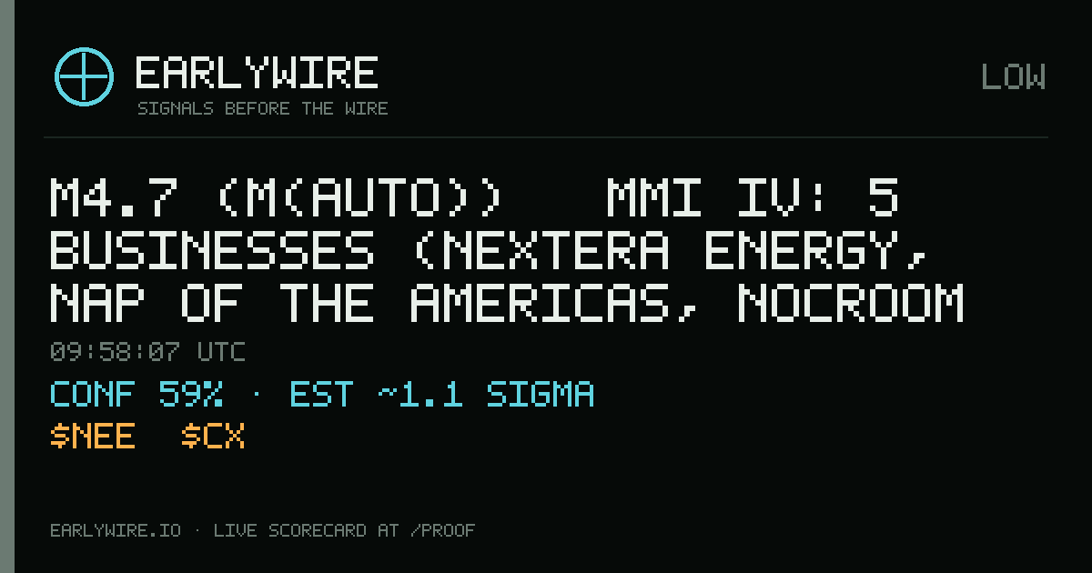 M4.7 (M(auto)) → MMI IV: 5 businesses (NextEra Energy, NAP of the Americas, NocRoom Miami IT Services +2 more) — EARLYWIRE event card