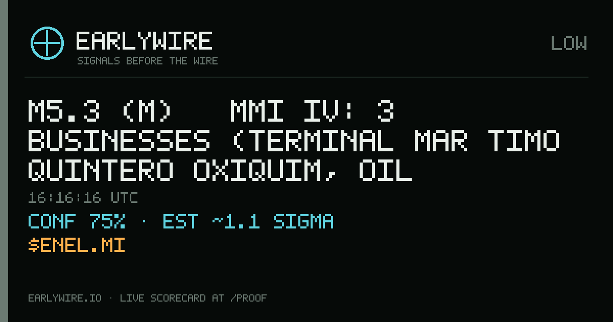 M5.3 (m) → MMI IV: 3 businesses (Terminal Marítimo Quintero Oxiquim, oil pipeline P6259, Enel SpA) — EARLYWIRE event card