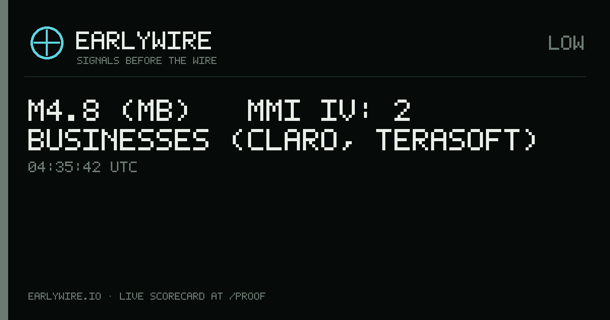 M4.8 (mb) → MMI IV: 2 businesses (Claro, TeraSoft) — EARLYWIRE event card