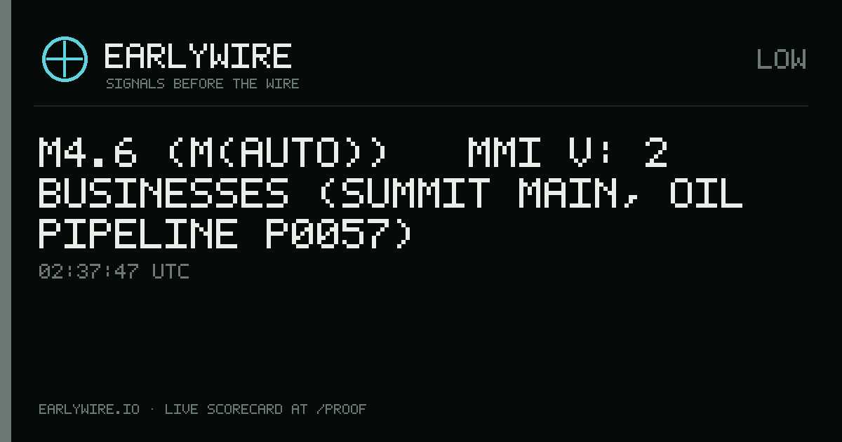 M4.6 (M(auto)) → MMI V: 2 businesses (Summit Main, oil pipeline P0057) — EARLYWIRE event card