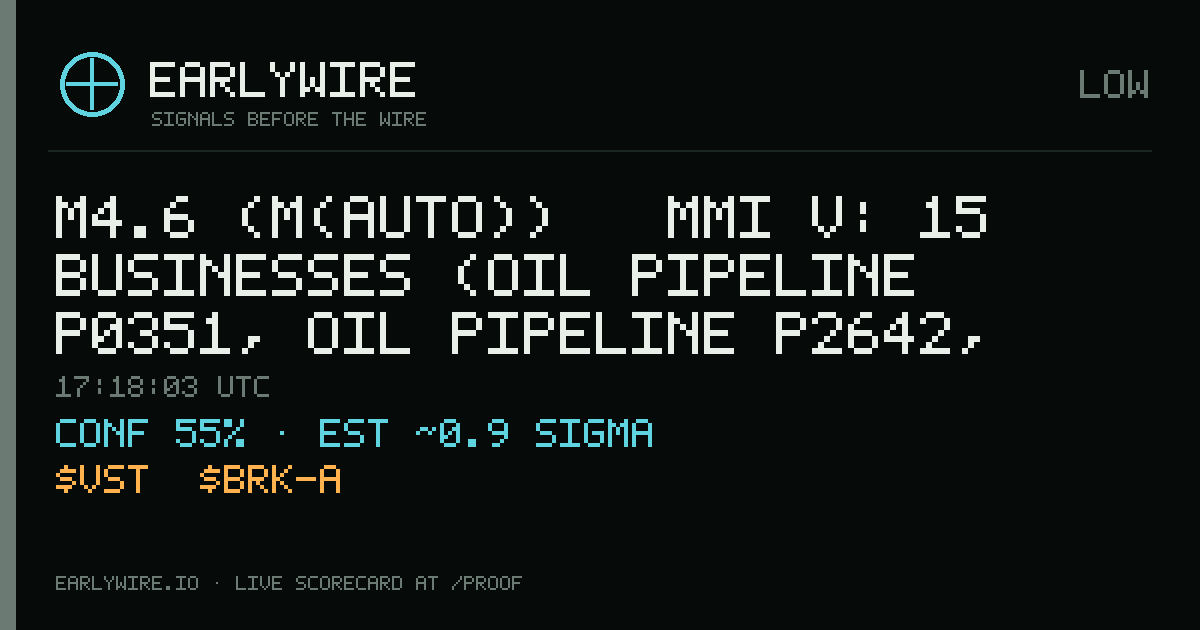 M4.6 (M(auto)) → MMI V: 15 businesses (oil pipeline P0351, oil pipeline P2642, oil pipeline P2599 +12 more) — EARLYWIRE event card