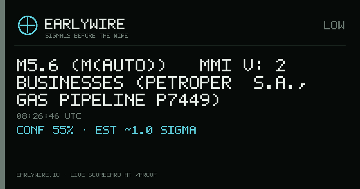 M5.6 (M(auto)) → MMI V: 2 businesses (Petroper� S.A., gas pipeline P7449) — EARLYWIRE event card