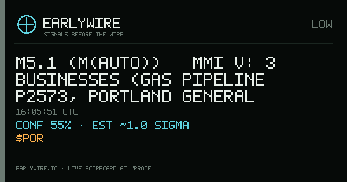 M5.1 (M(auto)) → MMI V: 3 businesses (gas pipeline P2573, Portland General Electric Co, oil pipeline P0108) — EARLYWIRE event card