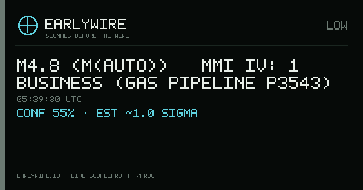 M4.8 (M(auto)) → MMI IV: 1 business (gas pipeline P3543) — EARLYWIRE event card