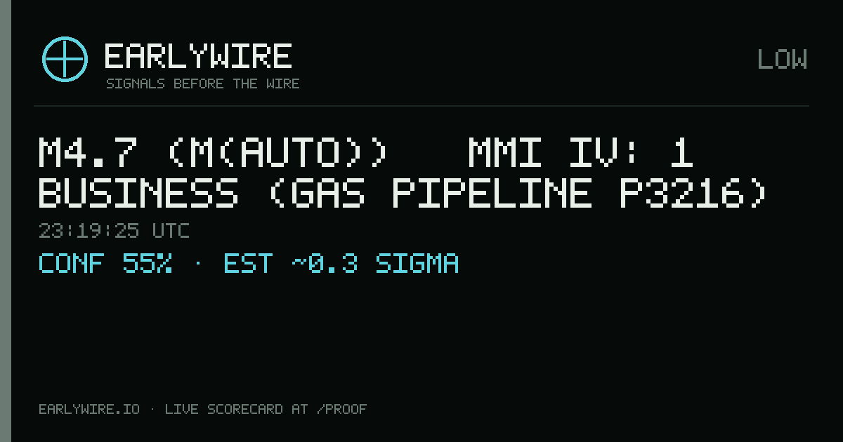 M4.7 (M(auto)) → MMI IV: 1 business (gas pipeline P3216) — EARLYWIRE event card