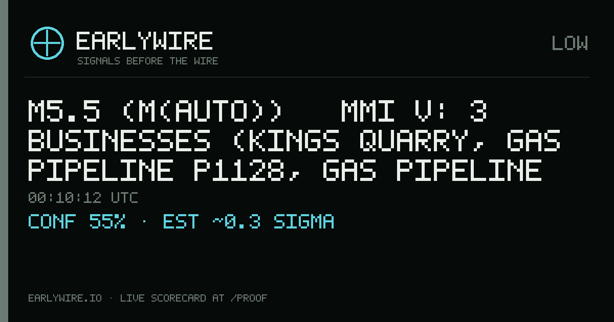 M5.5 (M(auto)) → MMI V: 3 businesses (Kings Quarry, gas pipeline P1128, gas pipeline P1136) — EARLYWIRE event card