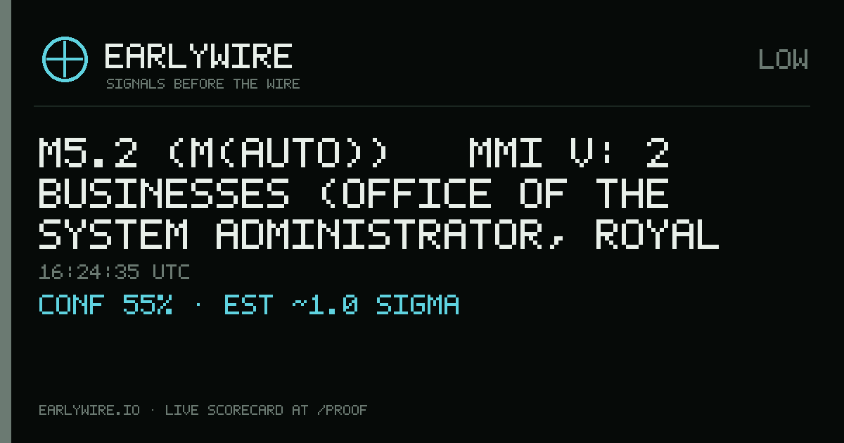 M5.2 (M(auto)) → MMI V: 2 businesses (Office of the System Administrator, Royalè Satellite Center) — EARLYWIRE event card