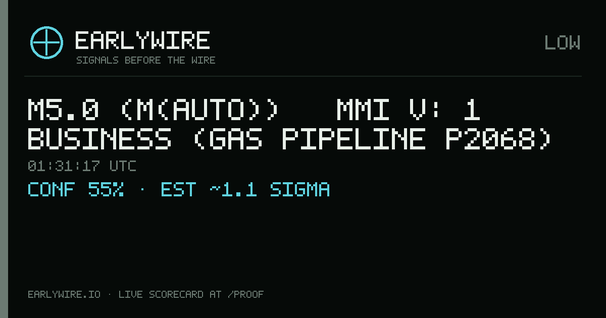 M5.0 (M(auto)) → MMI V: 1 business (gas pipeline P2068) — EARLYWIRE event card