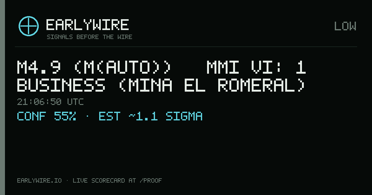 M4.9 (M(auto)) → MMI VI: 1 business (Mina El Romeral) — EARLYWIRE event card